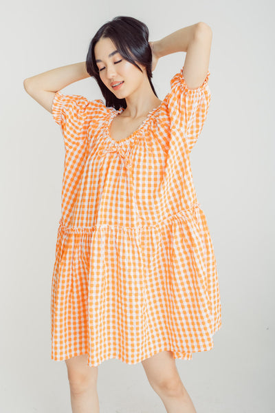 Mellie Orange Plaid V Neck Short Sleeves Tiered Loose Midi Dress