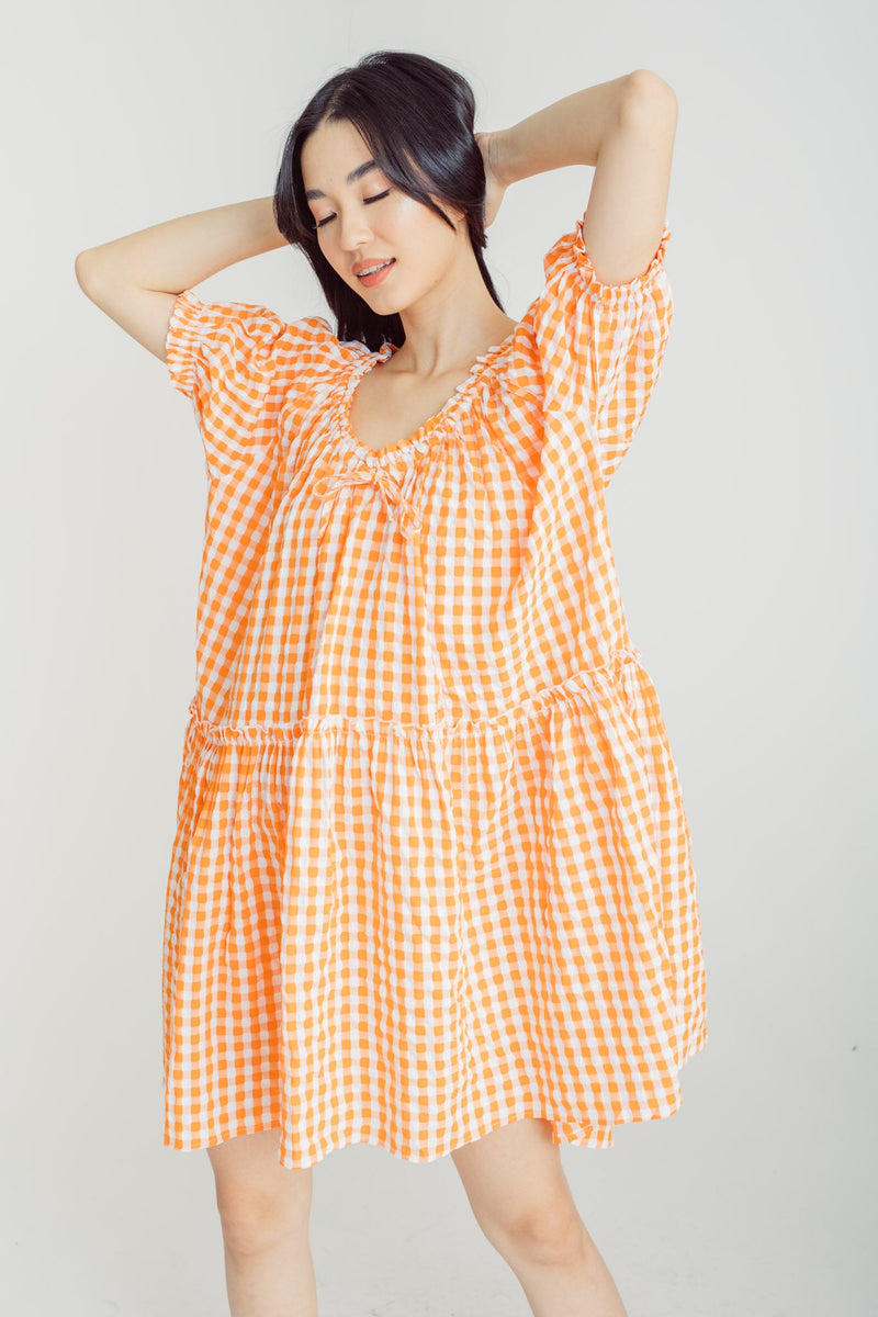 Mellie Orange Plaid V Neck Short Sleeves Tiered Loose Midi Dress