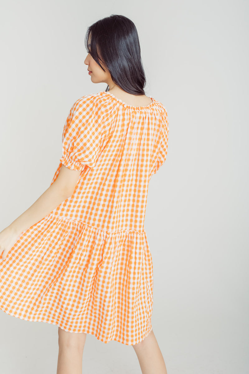 Mellie Orange Plaid V Neck Short Sleeves Tiered Loose Midi Dress