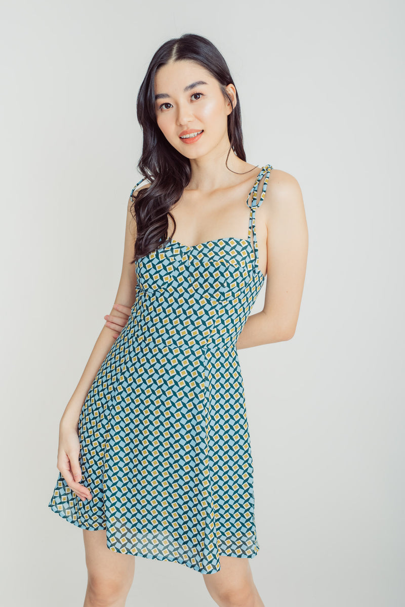 Burke Blue Green Geometric Pattern Print Sleeveless Self Tie Strap Mini Dress