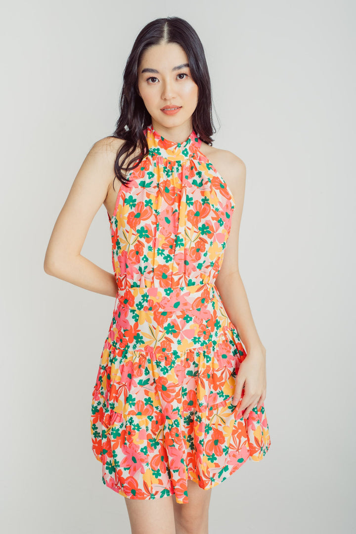 Janika Multicolor Floral Print Halter Sleeveless Tiered Mini Dress with Belt