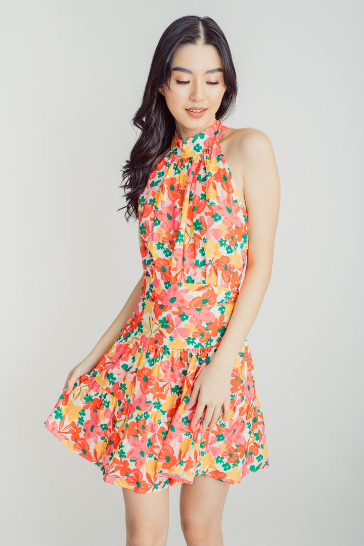 Janika Multicolor Floral Print Halter Sleeveless Tiered Mini Dress with Belt