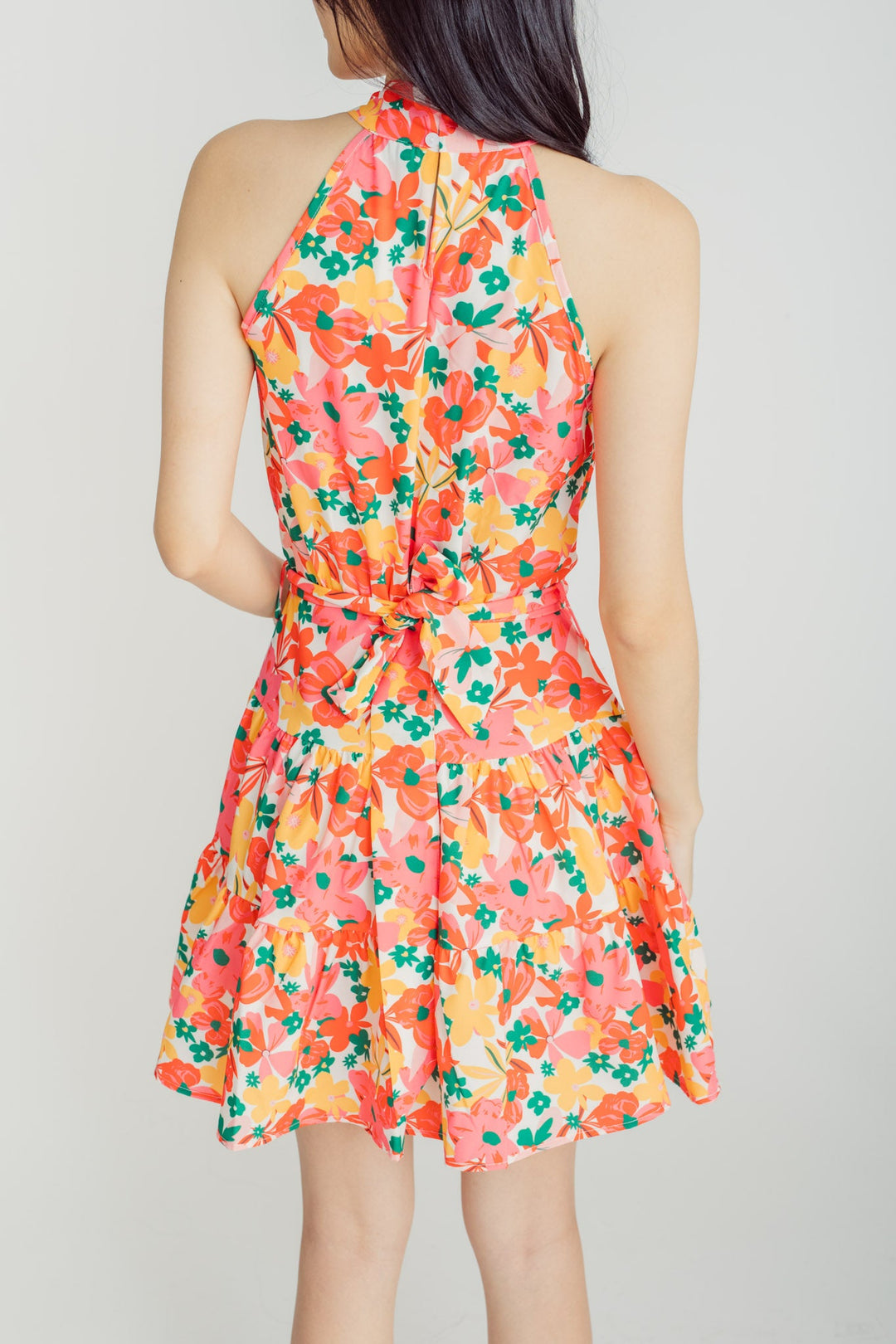 Janika Multicolor Floral Print Halter Sleeveless Tiered Mini Dress with Belt