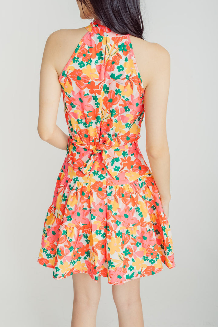 Janika Multicolor Floral Print Halter Sleeveless Tiered Mini Dress with Belt