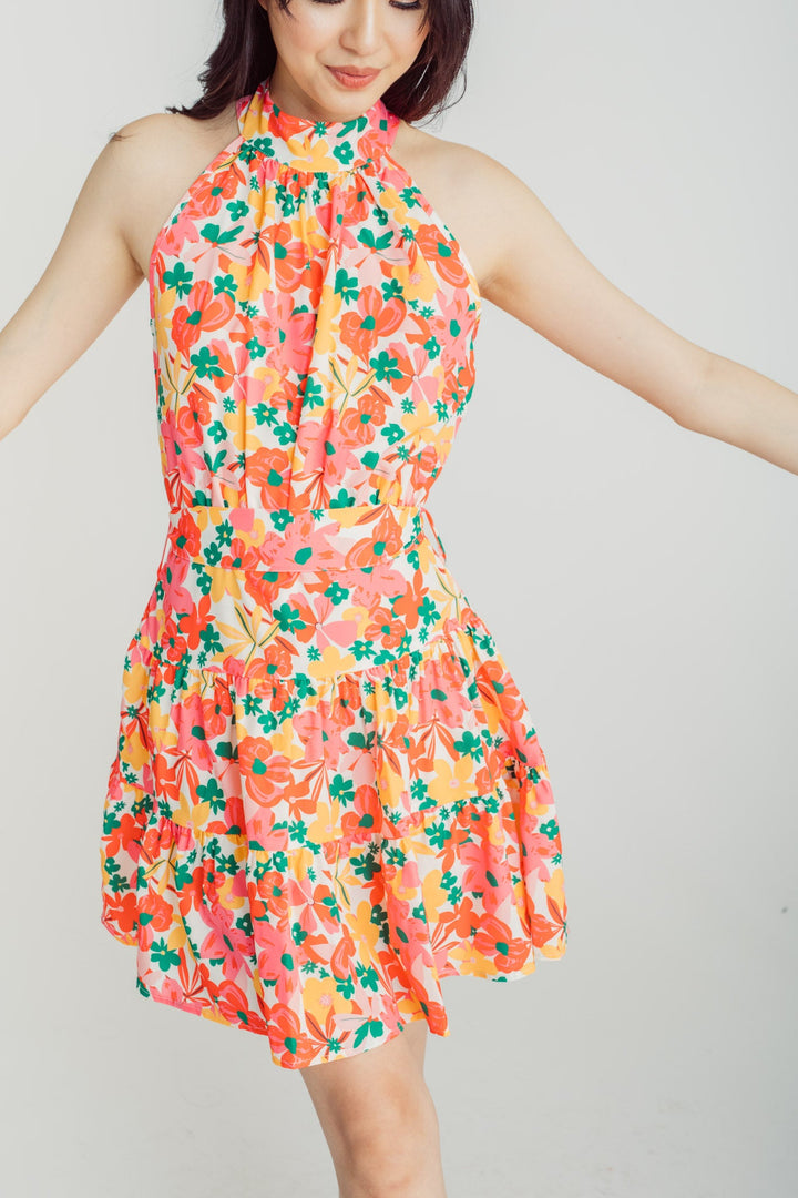Janika Multicolor Floral Print Halter Sleeveless Tiered Mini Dress with Belt