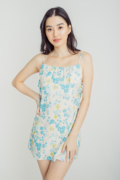 Kalani Blue Floral Print Sleeveless Side Tie Mini Dress