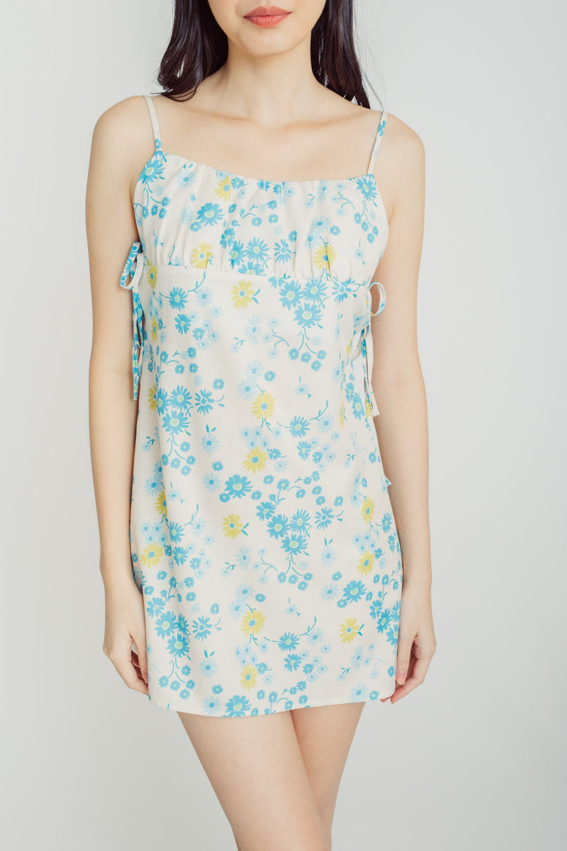 Kalani Blue Floral Print Sleeveless Side Tie Mini Dress