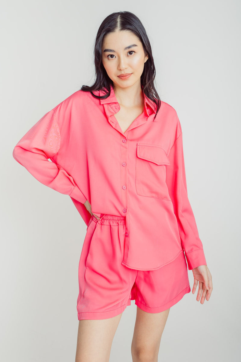 Frida Pink Turn Down Collar Buttondown Long Sleeves Top