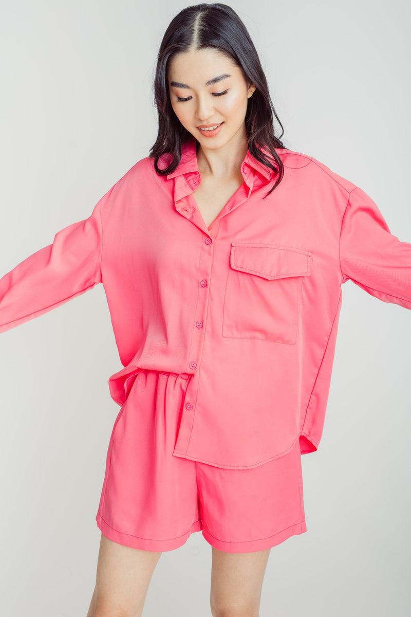 Frida Pink Turn Down Collar Buttondown Long Sleeves Top