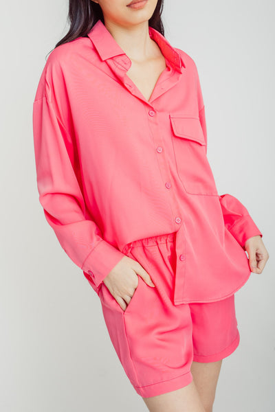 Frida Pink Turn Down Collar Buttondown Long Sleeves Top