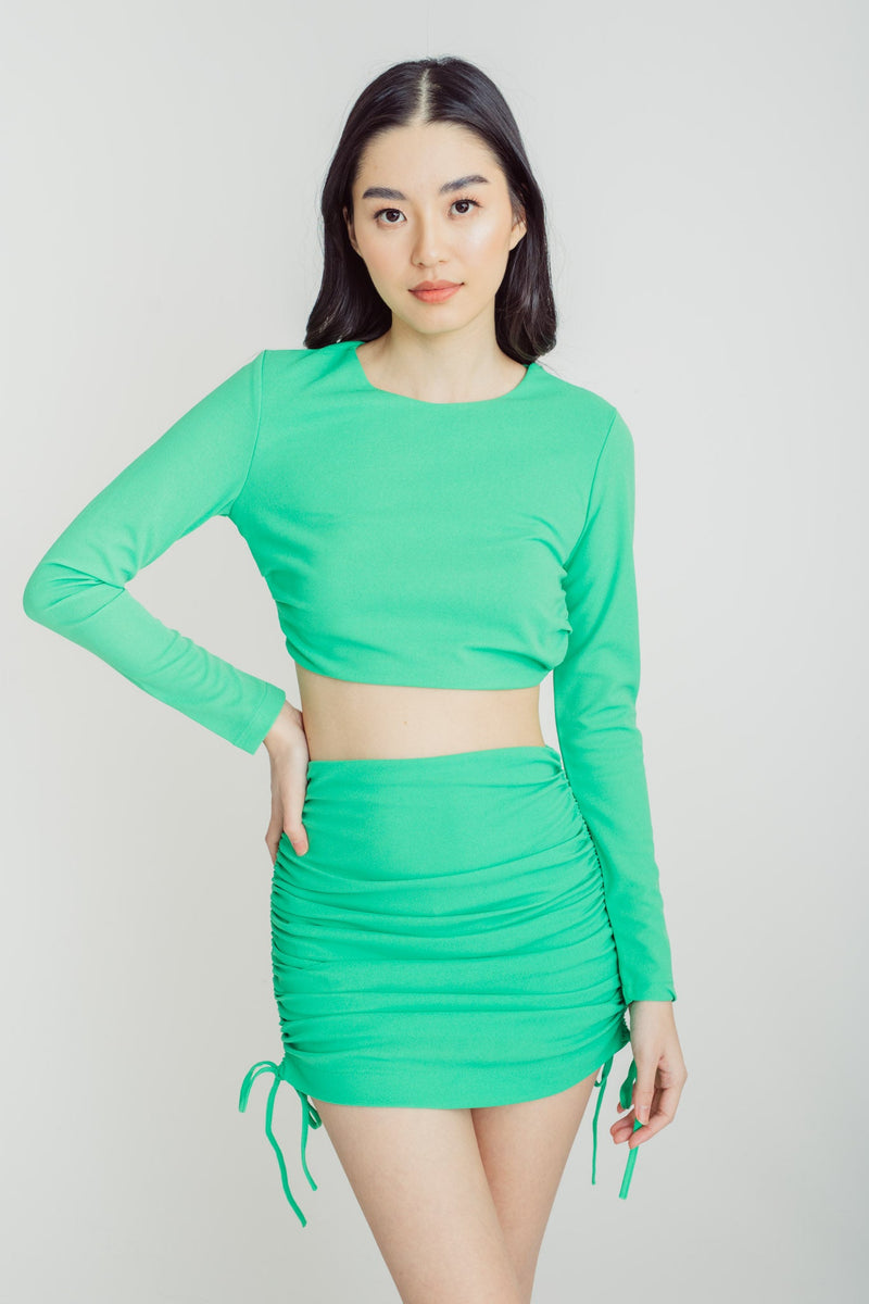 Elonnie Green Ruched Adjustable Sides Back Zipper Mini Skirt