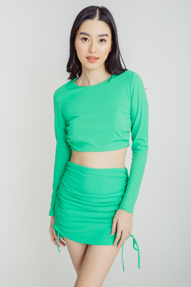 Elonnie Green Ruched Adjustable Sides Back Zipper Mini Skirt