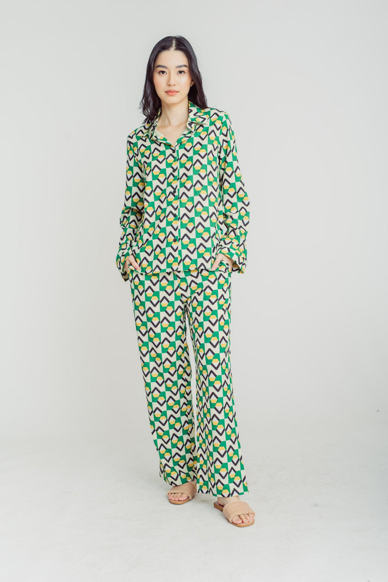 Ryujin Geometric Pattern Print Turn Down Collar Buttondown Long Sleeves Top