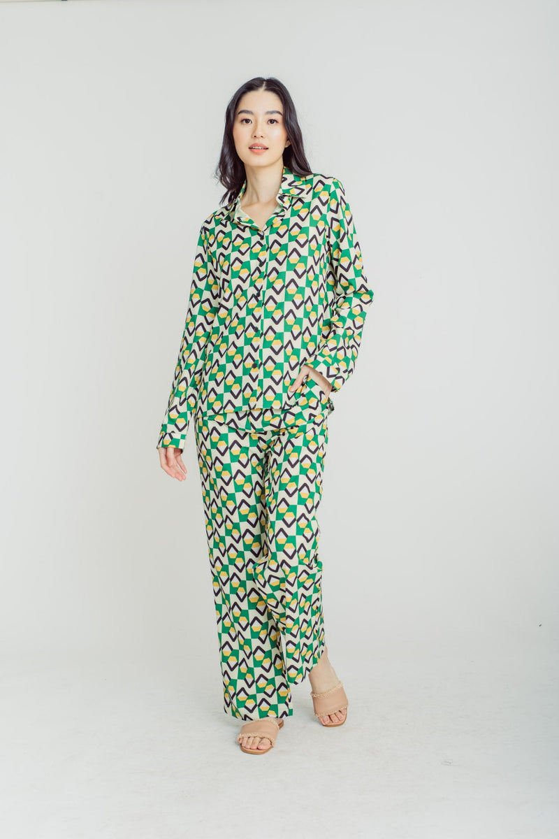 Ryujin Geometric Pattern Print Turn Down Collar Buttondown Long Sleeves Top