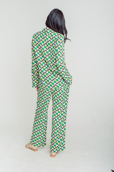 Ryujin Geometric Pattern Print Turn Down Collar Buttondown Long Sleeves Top