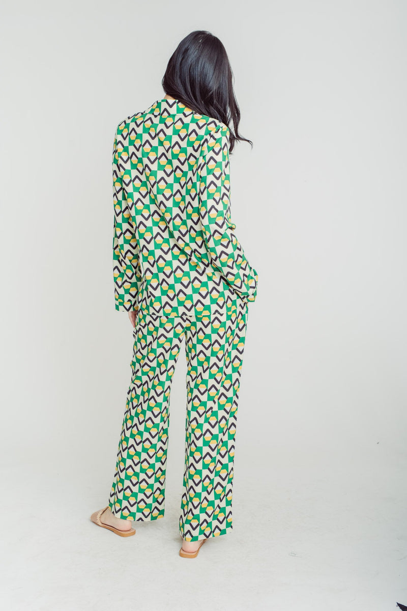 Ryujin Geometric Pattern Print Turn Down Collar Buttondown Long Sleeves Top