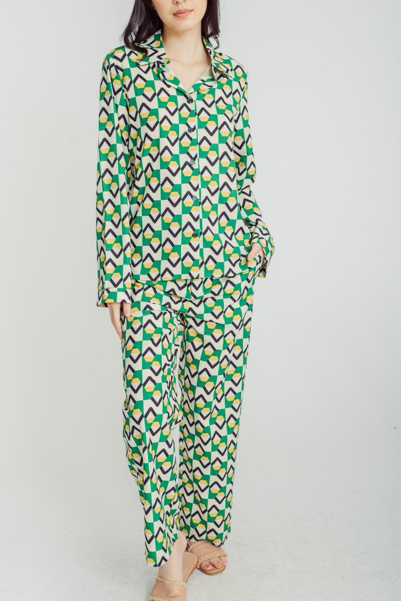 Ryujin Geometric Pattern Print Turn Down Collar Buttondown Long Sleeves Top