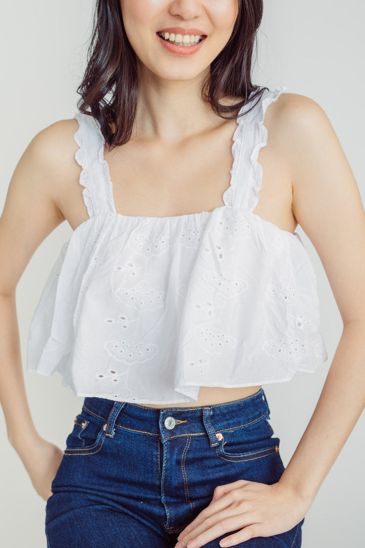 Italia White Eyelet Sleeveless Ruffle Straps Crop Top