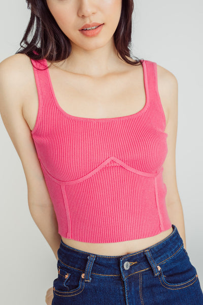 Divina Pink Knitted Square Neck Sleeveless Lined Tank Top