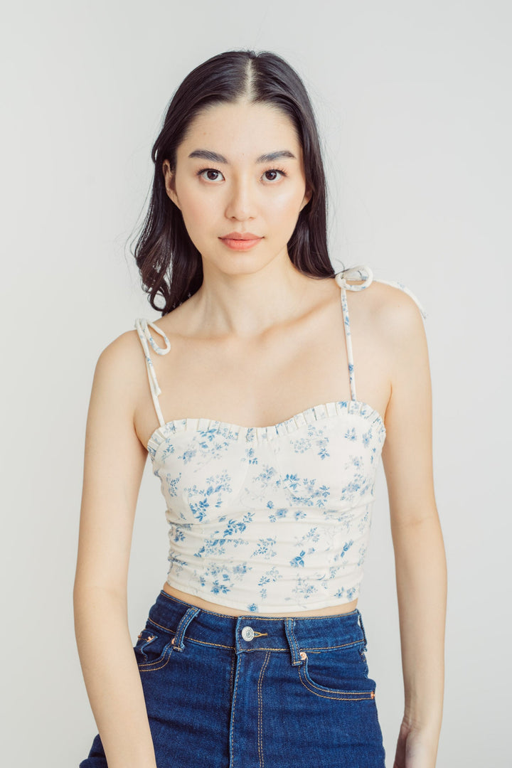 Willa White with Blue Floral Print Pleated Neckline Sleeveless Self Tie Strap Top