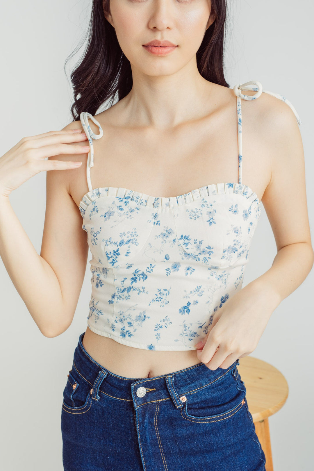 Willa White with Blue Floral Print Pleated Neckline Sleeveless Self Tie Strap Top