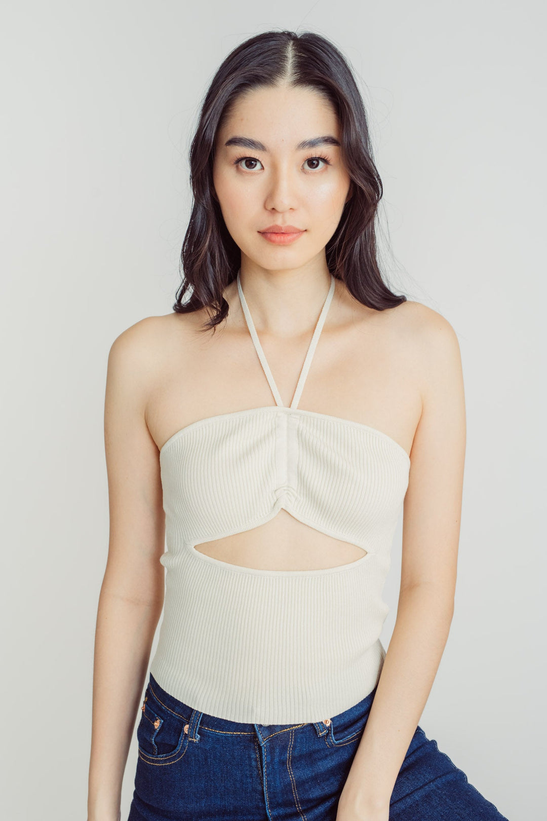 Naegle Beige Knitted Halter Neck Strap Ruched Bust Tube Top