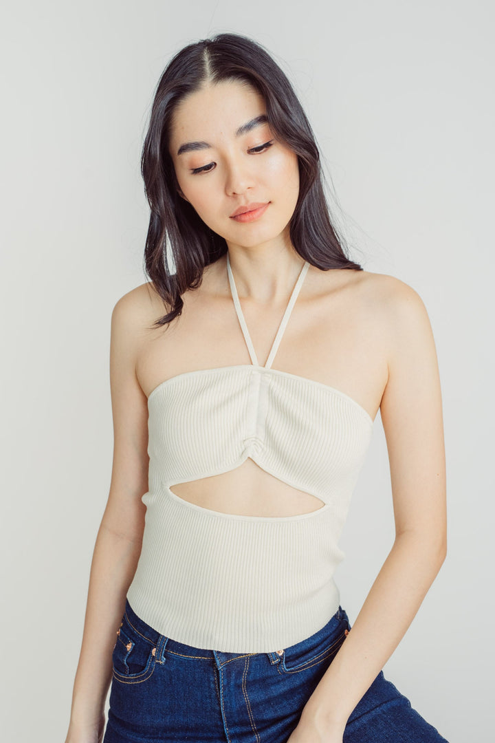 Naegle Beige Knitted Halter Neck Strap Ruched Bust Tube Top