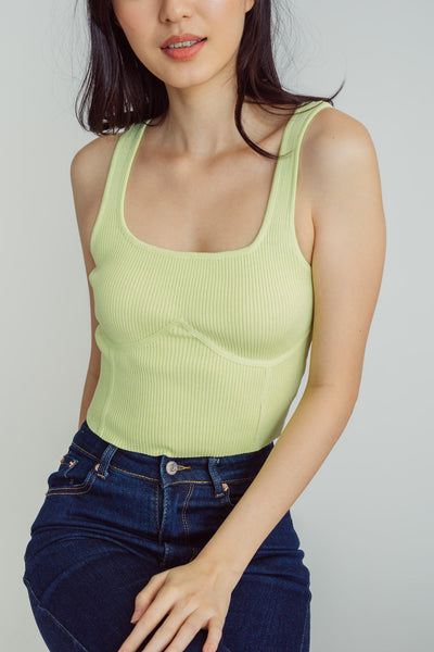 Divina Lime Knitted Square Neck Sleeveless Lined Tank Top