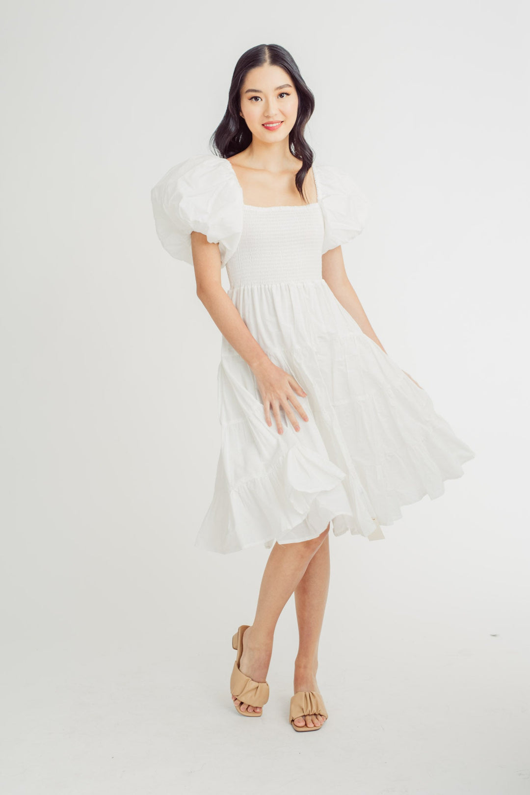 Pomfrey White Square Neck Short Sleeves Smocked Top Tiered Midi Dress