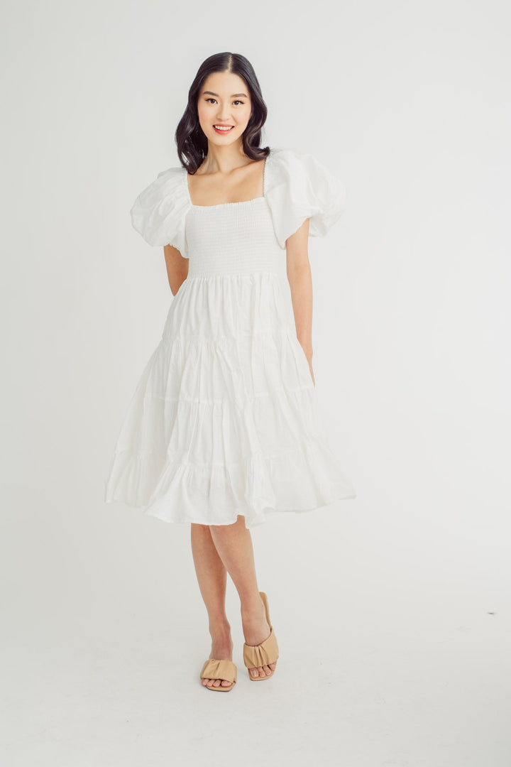 Pomfrey White Square Neck Short Sleeves Smocked Top Tiered Midi Dress
