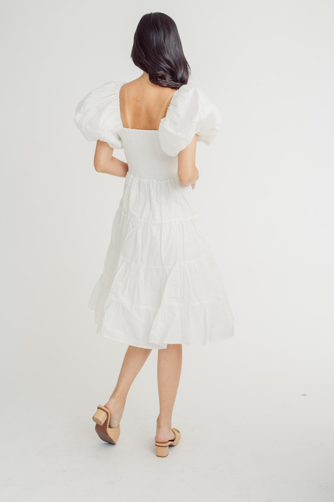 Pomfrey White Square Neck Short Sleeves Smocked Top Tiered Midi Dress