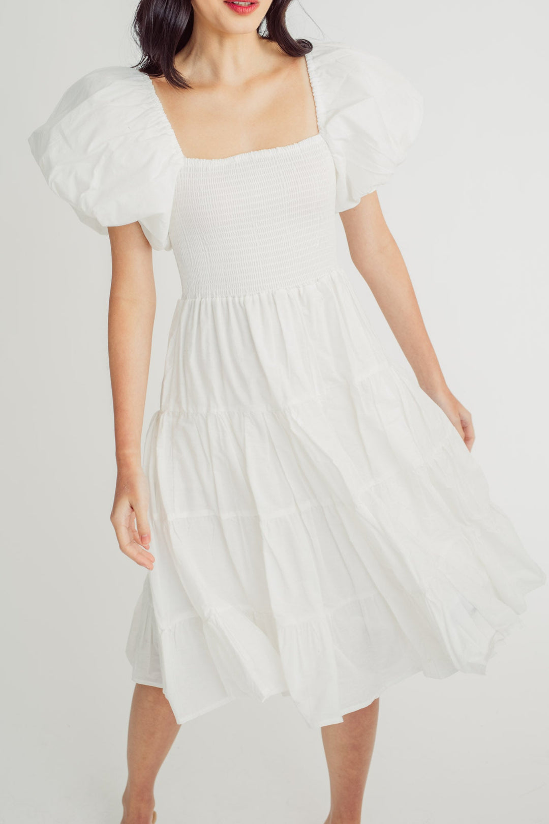 Pomfrey White Square Neck Short Sleeves Smocked Top Tiered Midi Dress