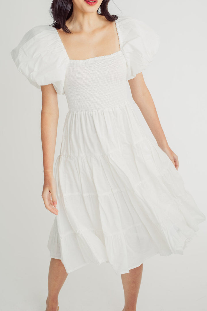 Pomfrey White Square Neck Short Sleeves Smocked Top Tiered Midi Dress