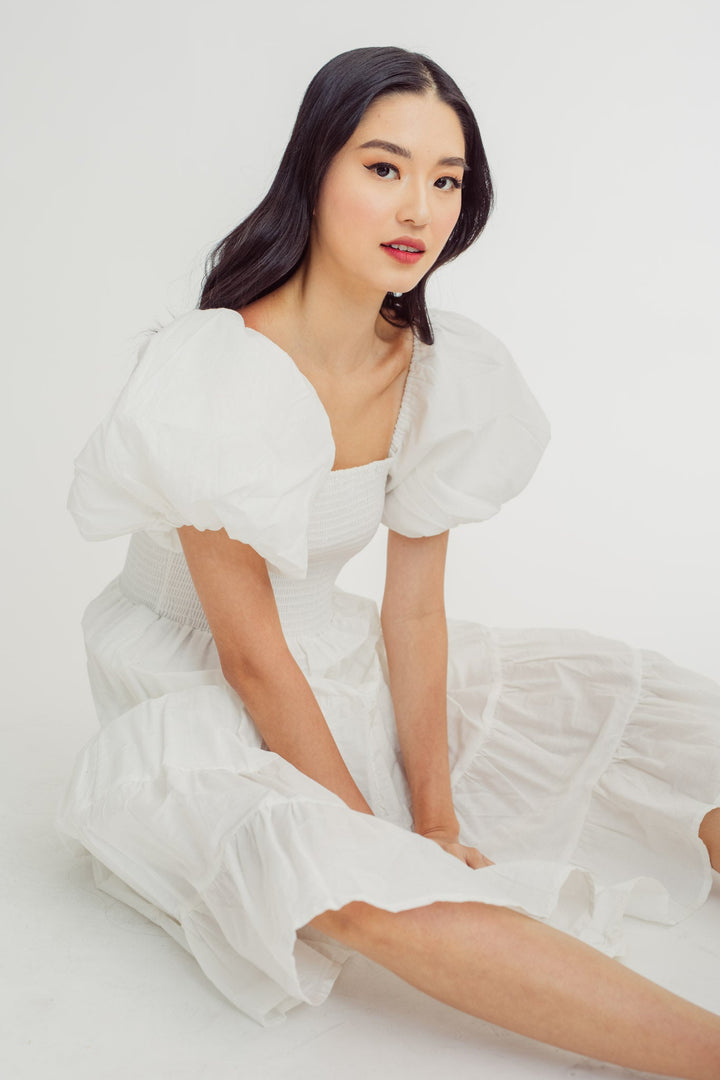 Pomfrey White Square Neck Short Sleeves Smocked Top Tiered Midi Dress