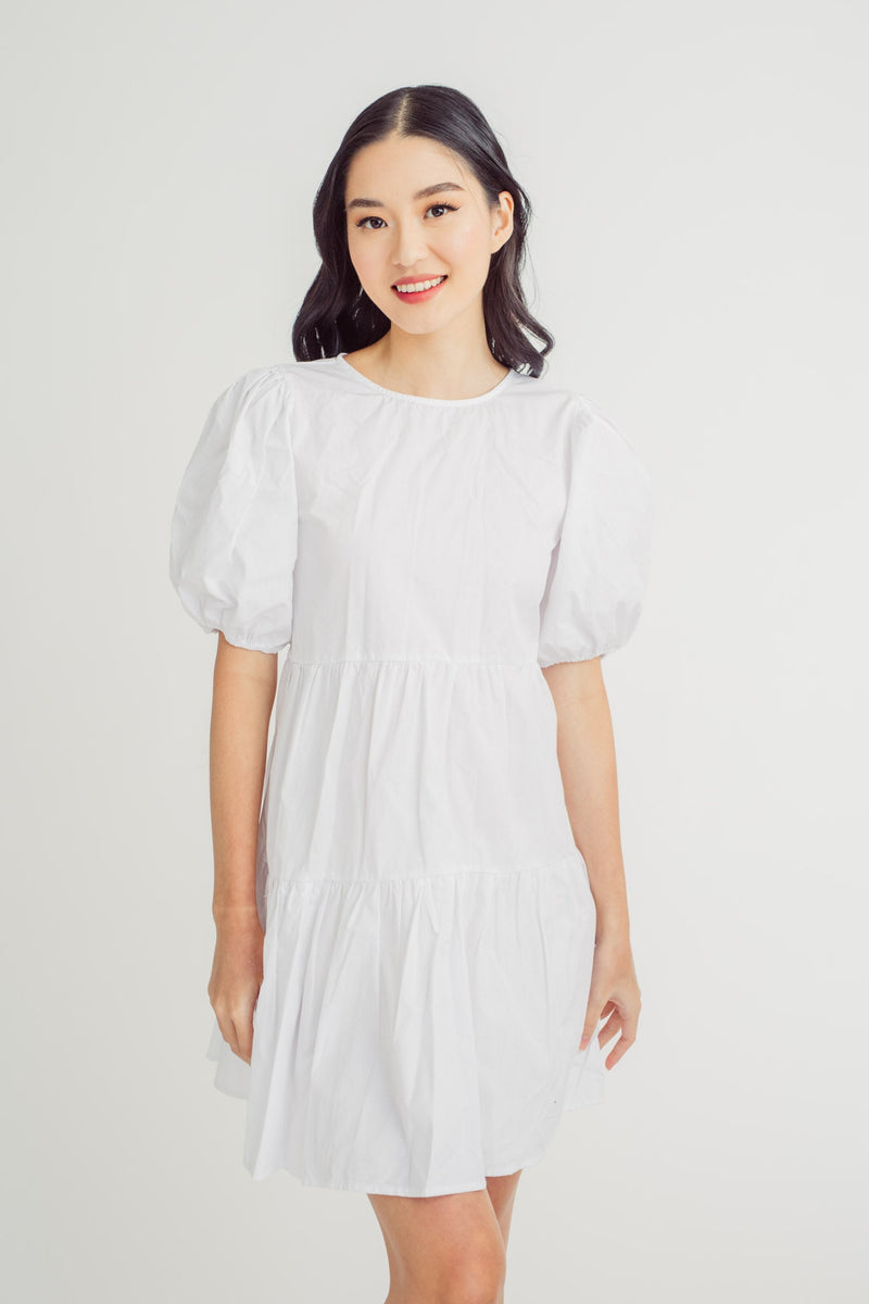 Megumi White Round Neck Short Sleeves Open Back Tiered Mini Dress