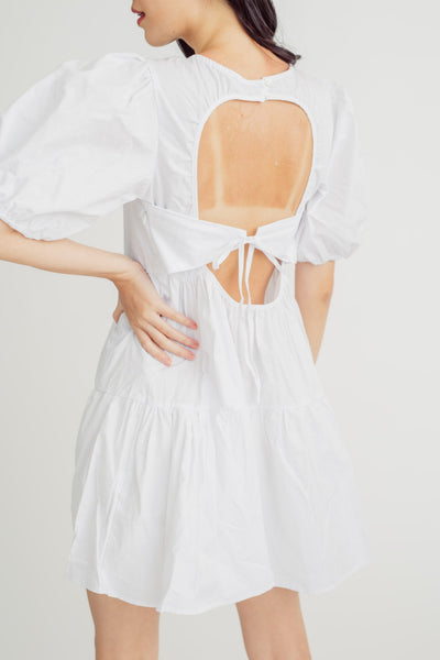 Megumi White Round Neck Short Sleeves Open Back Tiered Mini Dress
