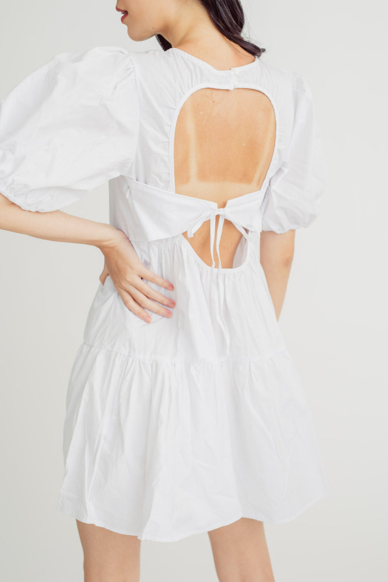 Megumi White Round Neck Short Sleeves Open Back Tiered Mini Dress