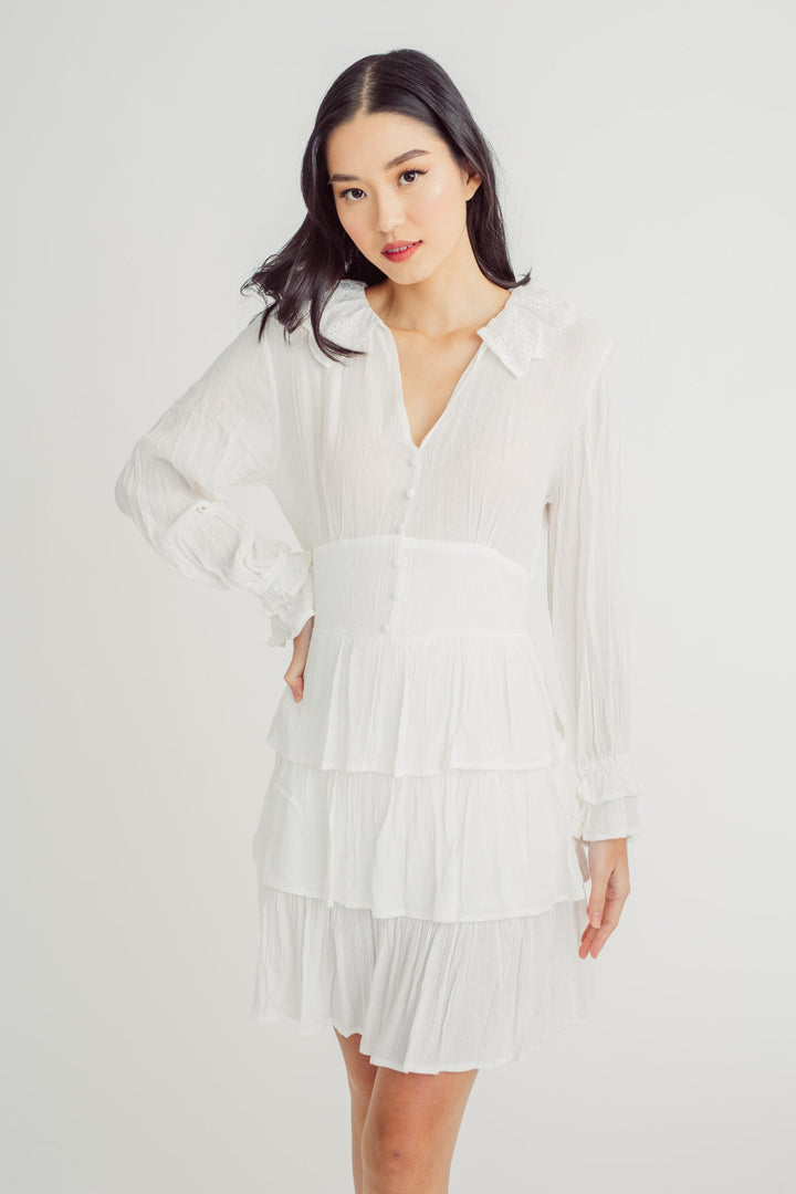 Jeor White V Neck Eyelet Collar Button Details Long Sleeves Ruffle Layer Mini Dress