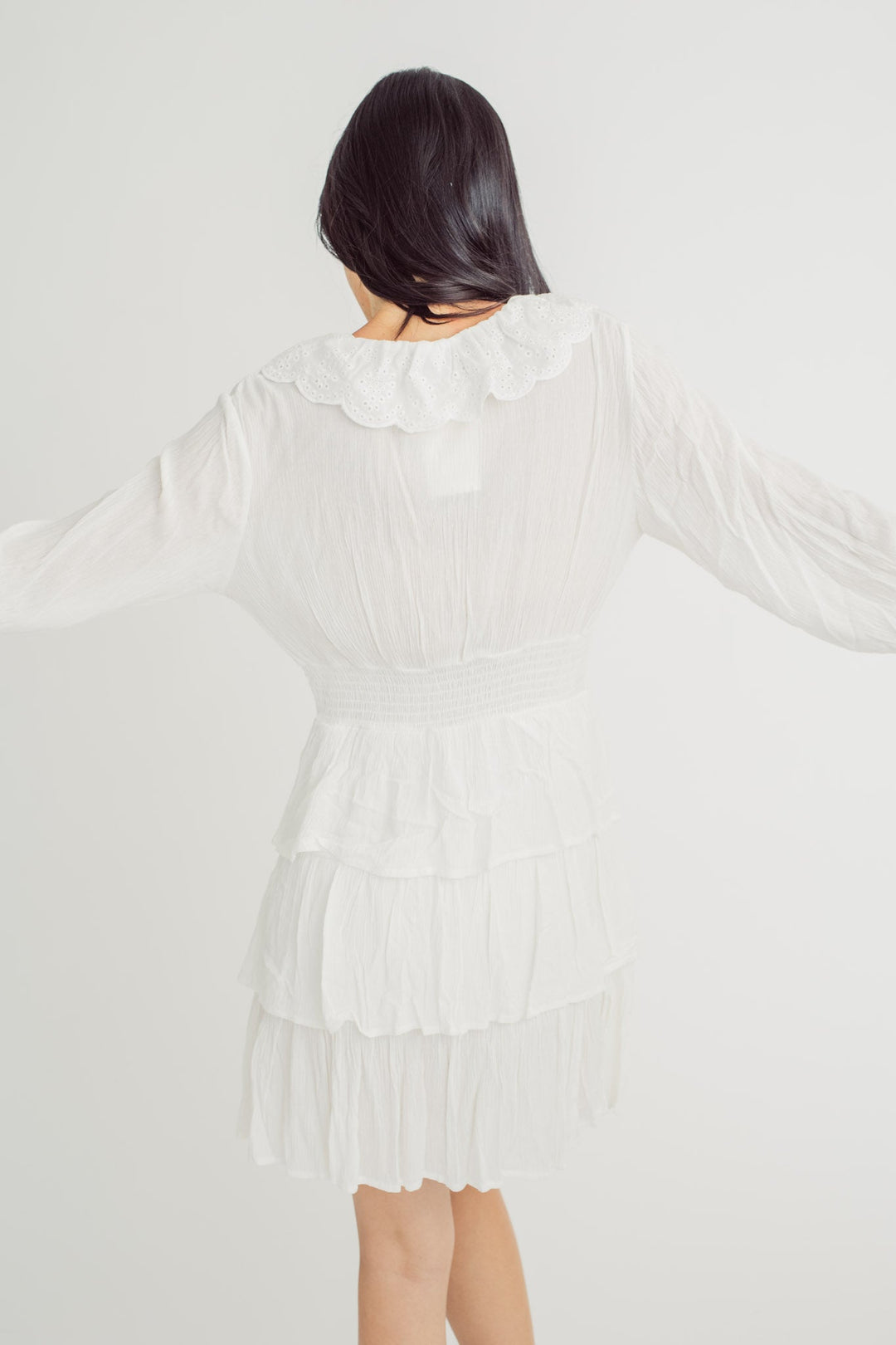 Jeor White V Neck Eyelet Collar Button Details Long Sleeves Ruffle Layer Mini Dress