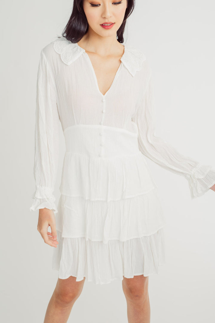 Jeor White V Neck Eyelet Collar Button Details Long Sleeves Ruffle Layer Mini Dress