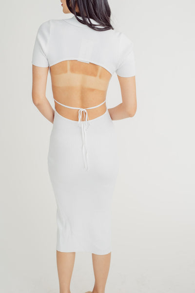 Doralee White Knitted Collar Short Sleeves Buttondown Open Back Bodycon Midi Dress