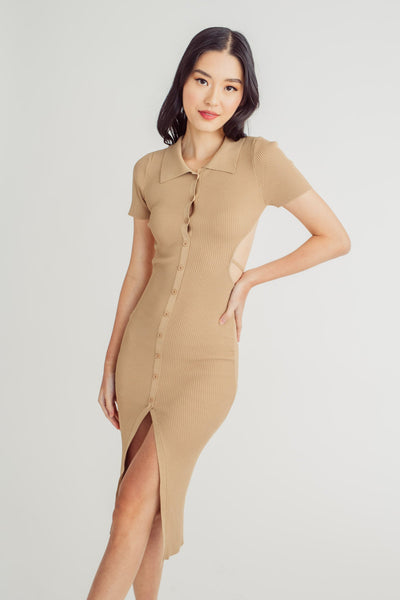 Doralee Brown Knitted Collar Short Sleeves Buttondown Open Back Bodycon Midi Dress