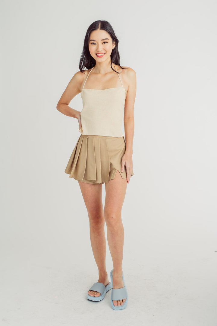 Giselle Beige Knitted Sleeveless Crisscross Back Self-Tie Top