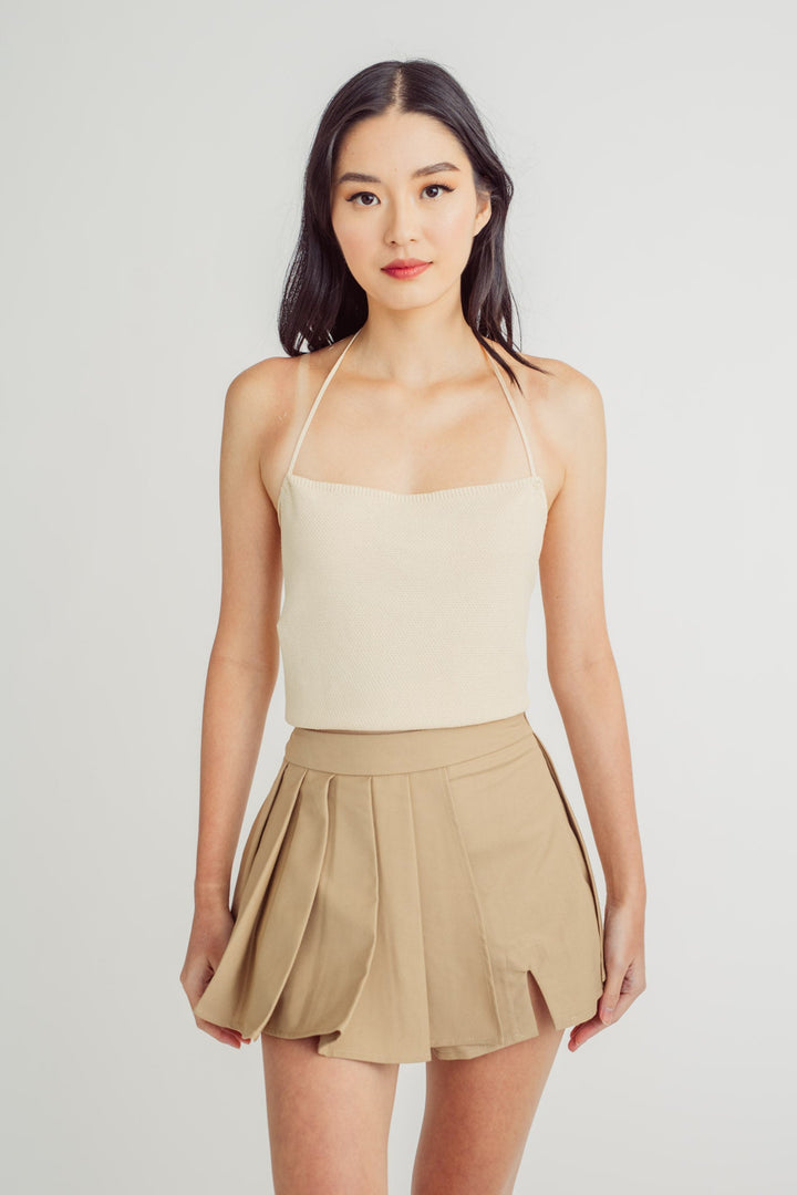 Giselle Beige Knitted Sleeveless Crisscross Back Self-Tie Top