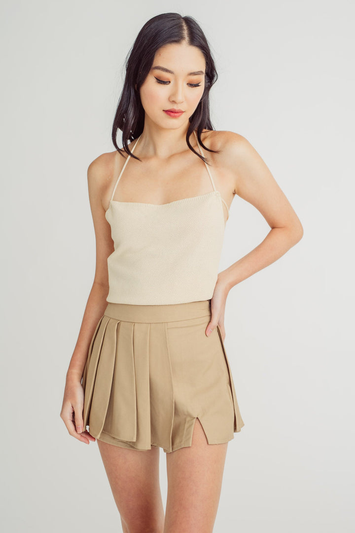 Giselle Beige Knitted Sleeveless Crisscross Back Self-Tie Top