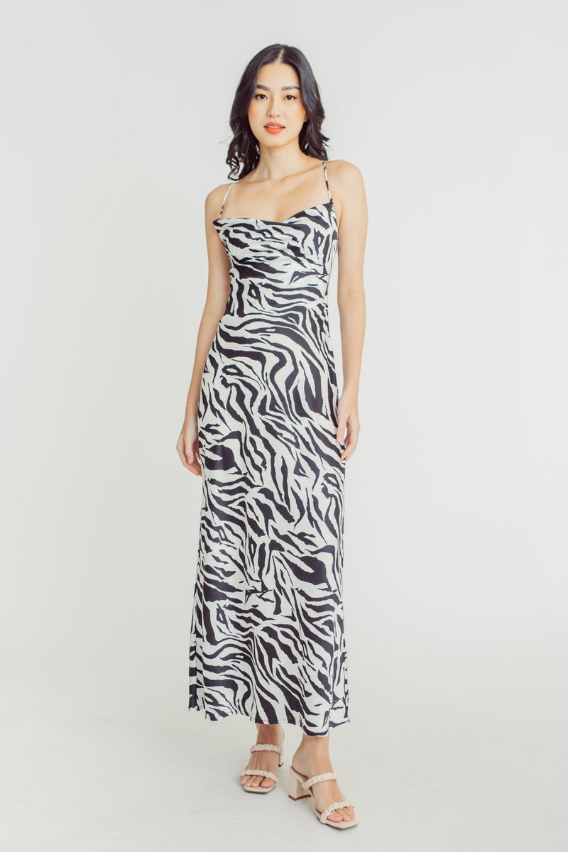 Erna Black and White Animal Print Cowl Neck Sleeveless Crisscross Back Midi Dress