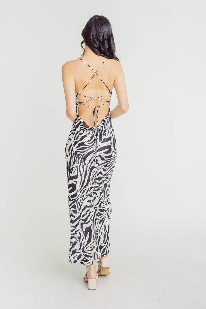 Erna Black and White Animal Print Cowl Neck Sleeveless Crisscross Back Midi Dress