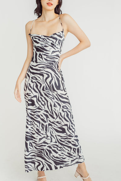 Erna Black and White Animal Print Cowl Neck Sleeveless Crisscross Back Midi Dress