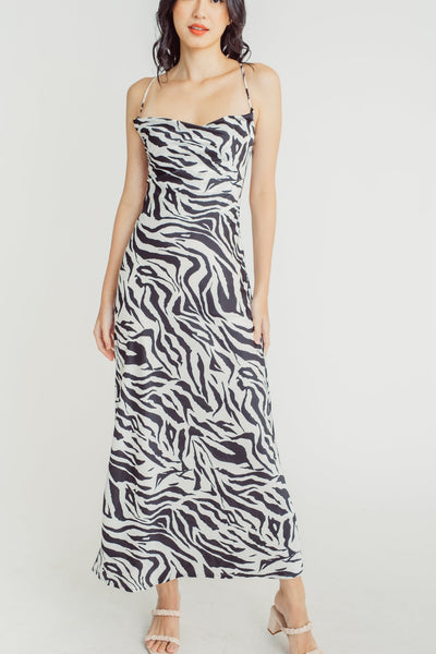 Erna Black and White Animal Print Cowl Neck Sleeveless Crisscross Back Midi Dress