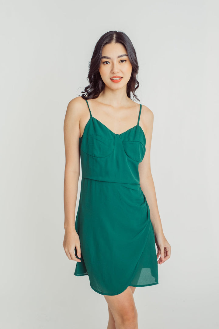 Nichelle Green Shaped Bust Sleeveless Self-Tie Strap Overlap Skirt Mini Dress